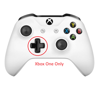 Xbox One controller with D-pad circled in red, labeled "Xbox One Only"