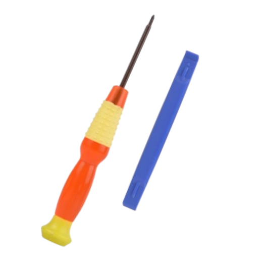 Orange and yellow screwdriver with a blue plastic opening tool on a white background